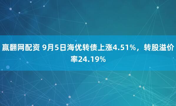 赢翻网配资 9月5日海优转债上涨4.51%，转股溢价率24.19%